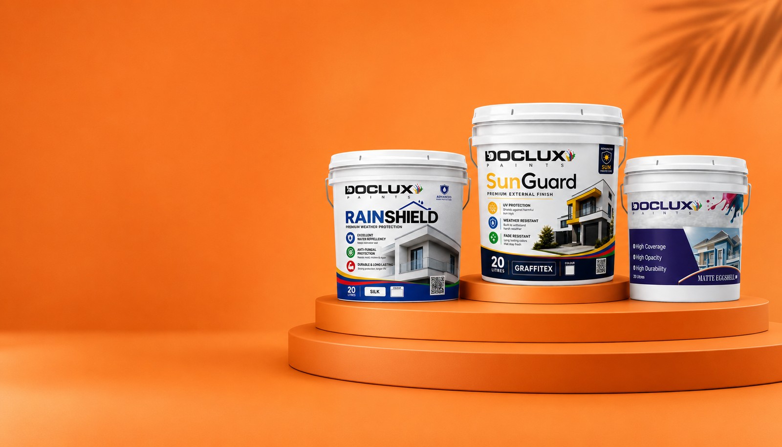 Doclux RainShield, SunGuard and Core buckets on an orange podium
